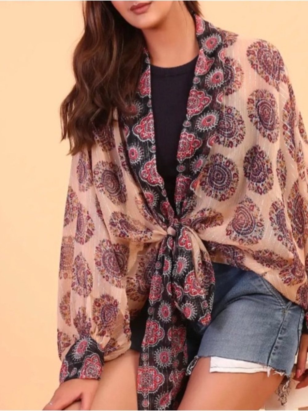 Free People Printed Tie-Front Kimono in Cream, Black & Red